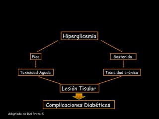 Hiperglicemia


               Pico                                   Sostenida


       Toxicidad Aguda                           Toxicidad crónica



                                Lesión Tisular


                          Complicaciones Diabéticas
Adaptado de Del Prato S
 