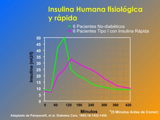 Insulina Humana fisiológica  y rápida Adaptado de Pampanelli, et al. Diabetes Care. 1995;18:1452-1459. * (5 Minutos Antes de Comer) 0 5 10 15 20 25 30 35 40 45 50 Insulina (mU/I) 420 0 60 120 180 240 300 360 Minutos 6 Pacientes No-diabéticos 6 Pacientes Tipo I con Insulina Rápida 