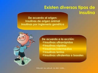 De acuerdo a la acción: insulinas ultrarrápidas insulinas rápidas insulinas intermedias insulinas lentas insulinas ultralentas o basales De acuerdo al origen: Insulinas de origen animal Insulinas por ingienería genética Existen diversos tipos de insulina 