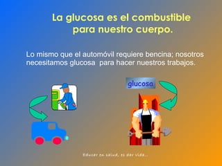 Lo mismo que el automóvil requiere bencina; nosotros necesitamos glucosa  para hacer nuestros trabajos.   glucosa La glucosa es el combustible  para nuestro cuerpo. 