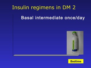 Insulin regimens in DM 2
Bedtime
Basal intermediate once/day
 