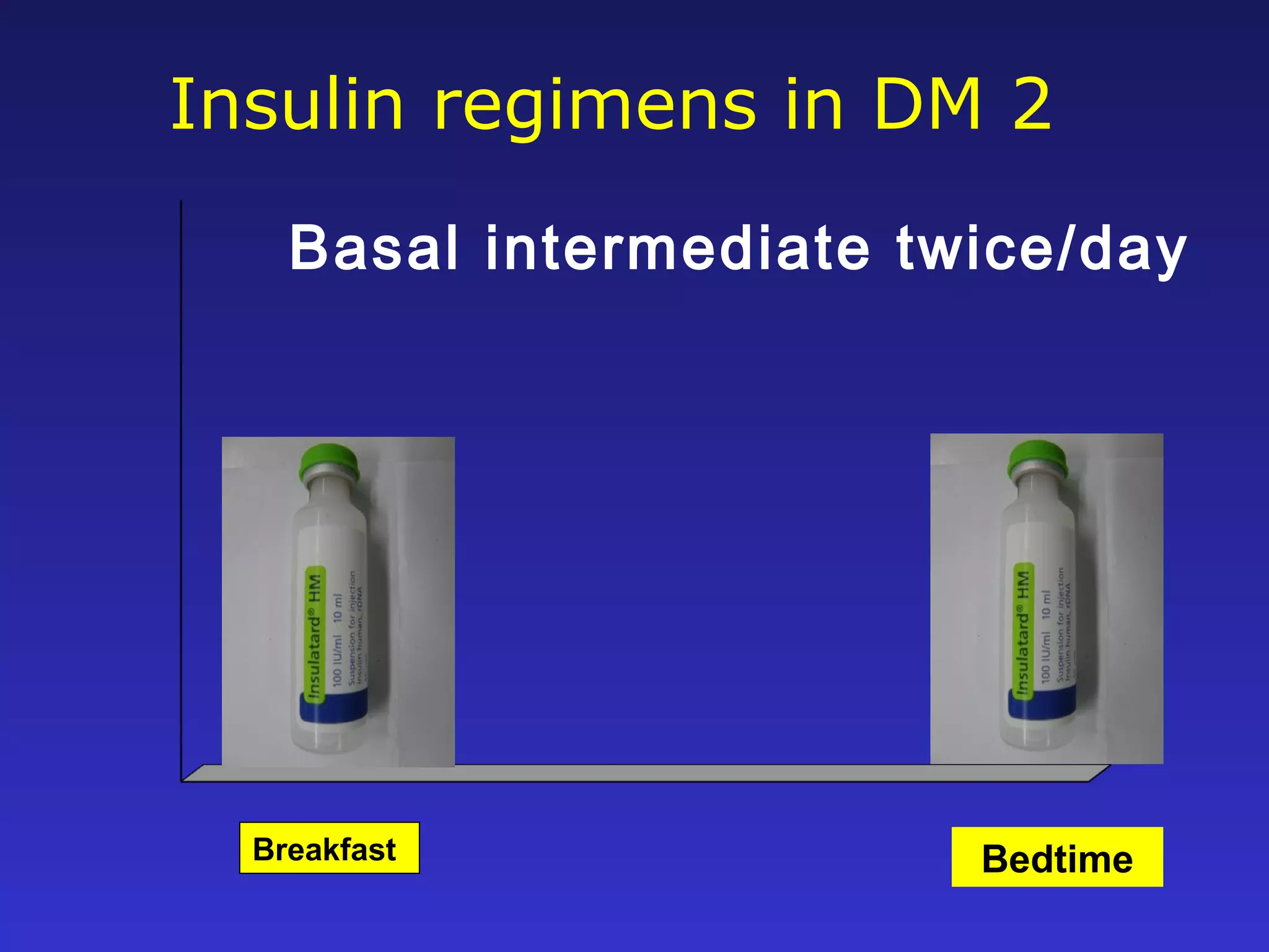 Insulin regimens in DM 2
Bedtime
Basal intermediate twice/day
Breakfast
 