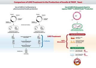 Comparison of LMO Treatment in the Production of Insulin & TMOF_Yeast

                       Use of LMO (E. Coli Bacteria) in                                                                                        Use of LMO (Pichia pastoris Yeast) to
                     pharmaceutical Insulin production                                                                                     express TMOFTM in MOUSTIcideTM Production
                                                                                                                                                                                                      BamH I

                                                                                                                                                                                     5’ AOX1 T
                                                                                                                                                                                                 T




                                                                                                                                                                                                      PT
                                                                                                                                                                                                        EF
            Promoter                                                                      Promoter




                                                                                                                                                                                                          1
                                                                                                                                                              5 ’ A OX 1
                             β gal gene                                                                     β gal gene
                                                                                                                                                                                pPICZ B




                                                                                                                                                                                                              PEM7
                                                                                                                                                                                3.3 kb




                                                                                                                                                                                                          n
                                                                                                                                                                   Co
                                                                                                                                                                           E1




                                                                                                                                                                                                      ci
                                    Insulin gene                                                                 Insulin gene                                                                             o
                                                                                                                                                                                                     Ze




                                                                                                                                                                           l
                                    A subunit                                                                    B subunit                                                         c yc l T T
                                                                                                                                                         Bgl II


Antibiotic                                                                    Antibiotic
resistance gene                                                               resistance gene

                                             Transform into E. coli host

                                                                                                                                                                                                      TMOFTM
                                                                                                                                                                                    Yeast
                              A                                                                            B
                                                                                                                                                        TMOFTM molecule expressed
                                                                                                                                                       within Pichia pastoris yeast cell
         β galactosidase / insulin A                                                   β galactosidase / insulin A
     fusion protein accumulates in cell                                            fusion protein accumulates in cell

                                                                                                                                                     2 - Step LMO Elimination Process

                                           Extract and purify β gal/insulin
                                                   fusion proteins
                                                                                                                           LMO Treatment                                          Heat Kill @ 75oC
                     A                                                                             B                                                                              for 3 hours

                                             Treat with cyanogen bromide                                          Puriﬁcation             100%                                    Drying with Heated
                                                                                                                                                                                  Air Stream @ 235oC
                                                to cleave A and B chains                                                            Elimination                                   for 3-5seconds
                     A                                                                             B

                                             Purify, mix A and B chains to
                                               form functional insulin

                                                                                                                                                       2 - Step LMO Kill Veriﬁcation


                                  Disulﬁde bonds
                                                           A                                                                                                                    3 sets of petri dish
                                                                                                                                                                                culture simulation = culture         0
                                                           B
                                                     Active Insulin
                                                                                                                                                                                3 sets of shake ask
                                                                                                                                                                                culture simulation = culture         0
                                                                                                                                                                                   O PR
                                                                                                                                                                                 LM ES




                                                                                                                                                                                                 ENT
                                                                                                                                                                     NO
                                                                                                                                                                                 LMO
                                                                                                                                                                                0%




                                                                                                                                                                           10
                                                                                                                                                                                      KILLE




                                                                                                                                                                                                D
 