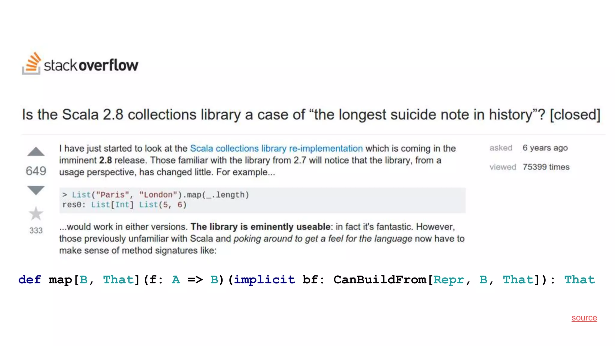 source
def map[B, That](f: A => B)(implicit bf: CanBuildFrom[Repr, B, That]): That
 