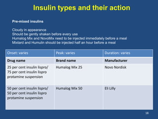 Insulin types and their action
Onset: varies Peak: varies Duration: varies
Drug name Brand name Manufacturer
25 per cent insulin lispro/
75 per cent insulin lispro
protamine suspension
Humalog Mix 25 Novo Nordisk
50 per cent insulin lispro/
50 per cent insulin lispro
protamine suspension
Humalog Mix 50 Eli Lilly
18
Pre-mixed insulins
Cloudy in appearance
Should be gently shaken before every use
Humalog Mix and NovoMix need to be injected immediately before a meal
Mixtard and Humulin should be injected half an hour before a meal
 