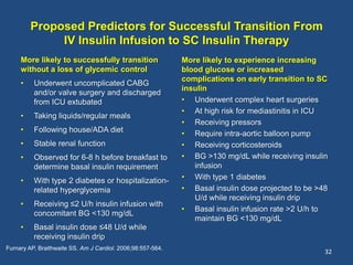 Proposed Predictors for Successful Transition From
IV Insulin Infusion to SC Insulin Therapy
More likely to successfully transition
without a loss of glycemic control
• Underwent uncomplicated CABG
and/or valve surgery and discharged
from ICU extubated
• Taking liquids/regular meals
• Following house/ADA diet
• Stable renal function
• Observed for 6-8 h before breakfast to
determine basal insulin requirement
• With type 2 diabetes or hospitalization-
related hyperglycemia
• Receiving ≤2 U/h insulin infusion with
concomitant BG <130 mg/dL
• Basal insulin dose ≤48 U/d while
receiving insulin drip
More likely to experience increasing
blood glucose or increased
complications on early transition to SC
insulin
• Underwent complex heart surgeries
• At high risk for mediastinitis in ICU
• Receiving pressors
• Require intra-aortic balloon pump
• Receiving corticosteroids
• BG >130 mg/dL while receiving insulin
infusion
• With type 1 diabetes
• Basal insulin dose projected to be >48
U/d while receiving insulin drip
• Basal insulin infusion rate >2 U/h to
maintain BG <130 mg/dL
32
Furnary AP, Braithwaite SS. Am J Cardiol. 2006;98:557-564.
 