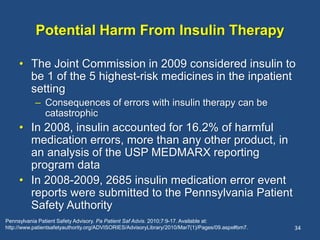 Potential Harm From Insulin Therapy
• The Joint Commission in 2009 considered insulin to
be 1 of the 5 highest-risk medicines in the inpatient
setting
– Consequences of errors with insulin therapy can be
catastrophic
• In 2008, insulin accounted for 16.2% of harmful
medication errors, more than any other product, in
an analysis of the USP MEDMARX reporting
program data
• In 2008-2009, 2685 insulin medication error event
reports were submitted to the Pennsylvania Patient
Safety Authority
34
Pennsylvania Patient Safety Advisory. Pa Patient Saf Advis. 2010;7:9-17. Available at:
http://www.patientsafetyauthority.org/ADVISORIES/AdvisoryLibrary/2010/Mar7(1)/Pages/09.aspx#bm7.
 