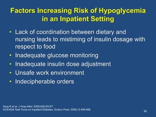 Factors Increasing Risk of Hypoglycemia
in an Inpatient Setting
• Lack of coordination between dietary and
nursing leads to mistiming of insulin dosage with
respect to food
• Inadequate glucose monitoring
• Inadequate insulin dose adjustment
• Unsafe work environment
• Indecipherable orders
36
Garg R et al. J Hosp Med. 2009;4(6):E5-E7.
ACE/ADA Task Force on Inpatient Diabetes. Endocr Pract. 2006;12:458-468.
 