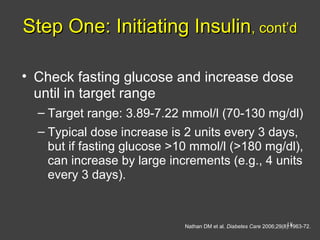 Step One: Initiating InsulinStep One: Initiating Insulin, cont’d, cont’d
• Check fasting glucose and increase dose
until in target range
– Target range: 3.89-7.22 mmol/l (70-130 mg/dl)
– Typical dose increase is 2 units every 3 days,
but if fasting glucose >10 mmol/l (>180 mg/dl),
can increase by large increments (e.g., 4 units
every 3 days).
Nathan DM et al. Diabetes Care 2006;29(8):1963-72.18
 