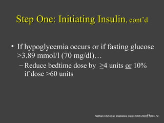 • If hypoglycemia occurs or if fasting glucose
>3.89 mmol/l (70 mg/dl)…
– Reduce bedtime dose by ≥4 units or 10%
if dose >60 units
Step One: Initiating InsulinStep One: Initiating Insulin, cont’d, cont’d
Nathan DM et al. Diabetes Care 2006;29(8):1963-72.19
 