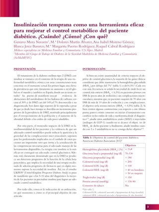 3
PRESENTACIÓN
El tratamiento de la diabetes mellitus tipo 2 (DM2) con
insulina se enmarca en el contexto de la terapia de una en-
fermedad metabólica crónica con unas connotaciones muy
concretas en el momento actual.En primer lugar, una eleva-
da prevalencia que está claramente en aumento a nivel glo-
bal en el mundo y también en España,donde un reciente es-
tudio1
ha puesto de manifiesto una pr evalencia de
alteraciones del metabolismo de los hidratos de carbono cer-
cana al 30% y de DM2 casi del 14%,el 7% desconocida o no
diagnosticada.Son datos algo mayores de lo esperado,a pesar
de que ya desde hace tiempo se describía un incremento pro-
gresivo de la prevalencia de DM2, motivado principalmente
por el envejecimiento de la población y el aumento de la
obesidad debido a los estilos de vida poco saludables.
Por otra parte, el tremendo impacto de la DM2 en la
morbimortalidad de los pacientes y la evidencia de que un
adecuado control metabólico puede reducir la aparición y la
gravedad de las complicaciones micr ovasculares suponen
para los profesionales implicados en el cuidado de estos pa-
cientes un importante reto que invita a la actualización de
las competencias necesarias para el adecuado manejo de las
herramientas disponibles. La terapia con insulina es la más
eficaz en conseguir un adecuado control glucémico.Ade-
más, está claramente demostrado que en la DM2 se produ-
ce un deterioro progresivo de la función de la célula beta
pancreática, que implica la necesidad de una terapia escalo-
nada de adición progresiva de fármacos que en algún mo-
mento supone la necesidad de insulina. Así, en el estudio
UKPDS2
(United Kingdom Prospective Diabetes Study) se puso
de manifiesto que a los 5-10 años del diagnóstico la mayo-
ría de los pacientes ya precisaban insulina para lograr un ade-
cuado control metabólico.
Por todo ello, conocer la indicación de su utilización,
en qué momento y cómo es el pr incipal objetivo de este
artículo.
INTRODUCCIÓN
Si bien no existe unanimidad de criterio respecto al ob-
jetivo de control glucémico, la mayoría de las guías clínicas
consideran que debe mantenerse la hemoglobina glucosilada
(HbA1c
) por debajo del 7%3
(tabla 1) o del 6,5%4
. Cada vez
con más frecuencia se señala la necesidad de estab lecer un
control más estricto (HbA1c
< 6,5%) en pacientes jóvenes con
DM de pocos años de evolución y sin complicaciones macro-
vasculares,mientras que,en pacientes mayores de 70 años con
DM de más de 10 años de evolución y con complicaciones,
el objetivo sería menos estricto (HbA1c
< 6,5%) (tabla 2). Si
bien existen algunas controversias con respecto a este último
punto, parece existir consenso en iniciar el tratamiento con
cambios en los estilos de vida y metforminadesde el diagnós-
tico3-5
, añadir otros antidiabéticos orales (ADO) o inyectados
(análogos de GLP-1) cuando no se alcance el objeti vo de
HbA1c
de dicho paciente y, finalmente, añadir insulina cuan-
do con 2 o 3 antidiabéticos no se consiga dicho objetivo6-8
.
Insulinización temprana como una herramienta eficaz
para mejorar el control metabólico del paciente
diabético. ¿Cuándo? ¿Cómo? ¿Con qué?
Gustavo Mora Navarro1
, M.ª Dolores Martín Álvarez,Ana Isabel Moreno Gómez,
Blanca Jerez Basurco, M.ª Margarita Puerto Rodríguez, Raquel Cabral Rodríguez
Médicos especialistas en Medicina Familiar y Comunitaria. CS Alpes. Madrid.
1
Miembro del Grupo deTrabajo de Diabetes de la Sociedad Madrileña de Medicina Familiar y Comunitaria
(SoMaMFYC)
Tabla 1: Objetivos de control del paciente diabético.
American Diabetes Association 20123
Objetivos
Hemoglobina glucosilada (HbA1c
) (%) < 7%*
Glucemia basal y preprandial (mg/dl) 70-130
Glucemia posprandial (mg/dl) < 180
Colesterol total (mg/dl) < 200
Colesterol LDL (mg/dl) < 100
Colesterol HDL (mg/dl) > 40 en hombres;
> 50 en mujeres
Triglicéridos (mg/dl) < 150
Presión arterial (mmHg) < 130/80
Consumo de tabaco No
*Ver tabla 2.
Colesterol LDL: colesterol asociado a lipoproteínas de baja densidad;
colesterol HDL: colesterol asociado a lipoproteínas de alta densidad.
02_cred + Interior_Novo 4/5/12 10:20 Página 3
 