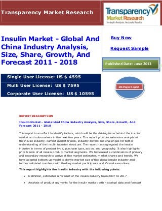 REPORT DESCRIPTION
Insulin Market - Global And China Industry Analysis, Size, Share, Growth, And
Forecast 2011 - 2018
This report is an effort to identify factors, which will be the driving force behind the insulin
market and sub-markets in the next few years. The report provides extensive analysis of
the insulin industry, current market trends, industry drivers and challenges for better
understanding of the insulin industry structure. The report has segregated the insulin
industry in terms of product type, purchase type, action, and geography. It also highlights
price trends of all insulin product market segments. We have used a combination of primary
and secondary research to arrive at the market estimates, market shares and trends. We
have adopted bottom up model to derive market size of the global insulin industry and
further validated numbers with the key market participants and C-level executives.
This report highlights the insulin industry with the following points:
 Definition, estimates & forecast of the insulin industry from 2007 to 2017
 Analysis of product segments for the insulin market with historical data and forecast
Transparency Market Research
Insulin Market - Global And
China Industry Analysis,
Size, Share, Growth, And
Forecast 2011 - 2018
Single User License: US $ 4595
Multi User License: US $ 7595
Corporate User License: US $ 10595
Buy Now
Request Sample
Published Date: June 2013
126 Pages Report
 