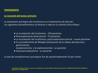 TRATAMIENTO
La resección del tumor primario
La extirpación quirúrgica del insulinoma es el tratamiento de elección.
Los siguientes procedimientos se llevaron a cabo en la cohorte clínica Mayo:
● La enucleación del insulinoma - 130 pacientes
● Pancreatectomía distal parcial - 73 pacientes
● La enucleación del insulinoma y pancreatectomía parcial - nueve pacientes
● Un procedimiento de Whipple (extirpación de la cabeza del páncreas,
gastrectomía,
duodenectomía y la esplenectomía) - un paciente
● total pancreatectomía - un paciente
La tasa de complicaciones quirúrgicas fue de aproximadamente 10 por ciento.
Functioning insulinoma--incidence, recurrence, and long-term survival of patients: a 60-year study. Service FJ, McMahon MM, O'Brien PC, Ballard DJ
Mayo Clin Proc. 1991;66(7):711.
 