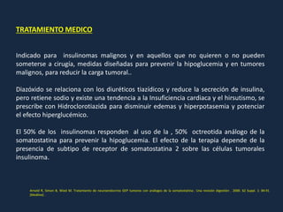 TRATAMIENTO MEDICO
Indicado para insulinomas malignos y en aquellos que no quieren o no pueden
someterse a cirugía, medidas diseñadas para prevenir la hipoglucemia y en tumores
malignos, para reducir la carga tumoral..
Diazóxido se relaciona con los diuréticos tiazídicos y reduce la secreción de insulina,
pero retiene sodio y existe una tendencia a la Insuficiencia cardiaca y el hirsutismo, se
prescribe con Hidroclorotiazida para disminuir edemas y hiperpotasemia y potenciar
el efecto hiperglucémico.
El 50% de los insulinomas responden al uso de la , 50% octreotida análogo de la
somatostatina para prevenir la hipoglucemia. El efecto de la terapia depende de la
presencia de subtipo de receptor de somatostatina 2 sobre las células tumorales
insulinoma.
Arnold R, Simon B, Wied M. Tratamiento de neuroendocrino GEP tumores con análogos de la somatostatina:. Una revisión digestión . 2000. 62 Suppl. 1: 84-91
[Medline] .
 