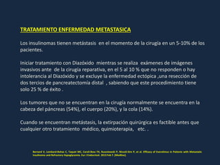 TRATAMIENTO ENFERMEDAD METASTASICA
Los insulinomas tienen metástasis en el momento de la cirugía en un 5-10% de los
pacientes.
Iniciar tratamiento con Diazóxido mientras se realiza exámenes de imágenes
invasivos ante de la cirugía reparativa, en el 5 al 10 % que no responden o hay
intolerancia al Diazóxido y se excluye la enfermedad ectópica ,una resección de
dos tercios de pancreatectomía distal , sabiendo que este procedimiento tiene
solo 25 % de éxito .
Los tumores que no se encuentran en la cirugía normalmente se encuentra en la
cabeza del páncreas (54%), el cuerpo (20%), y la cola (14%).
Cuando se encuentran metástasis, la extirpación quirúrgica es factible antes que
cualquier otro tratamiento médico, quimioterapia, etc. .
Bernard V, Lombard-Bohas C, Taquet MC, Caroli-Bosc FX, Ruszniewski P, Niccoli-Sire P, et al. Efficacy of Everolimus in Patients with Metastatic
Insulinoma and Refractory Hypoglycemia. Eur J Endocrinol. 2013 Feb 7. [Medline].
 