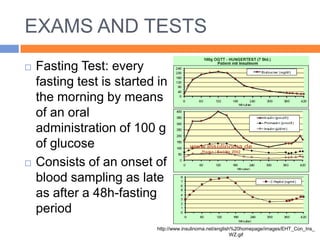 EXAMS AND TESTS
   Fasting Test: every
    fasting test is started in
    the morning by means
    of an oral
    administration of 100 g
    of glucose
   Consists of an onset of
    blood sampling as late
    as after a 48h-fasting
    period
                           http://www.insulinoma.net/english%20homepage/images/EHT_Con_Ins_
                                                            WZ.gif
 