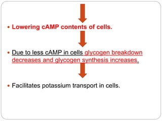  Lowering cAMP contents of cells.
 Due to less cAMP in cells glycogen breakdown
decreases and glycogen synthesis increases.
 Facilitates potassium transport in cells.
 