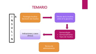 TEMARIO
I
N
S
U
L
I
N
A Fisiología Insulina:
Secreción de insulina
Efectos de la insulina
sobre el la glucemia
Indicaciones y casos
clínicos
Farmacología:
• Farmacodinamia
• Tipos de insulina
Técnica de
administración
 
