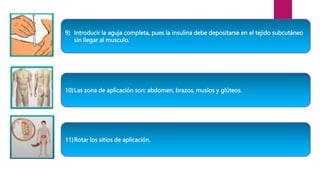 9) Introducir la aguja completa, pues la insulina debe depositarse en el tejido subcutáneo
sin llegar al musculo.
10)Las zona de aplicación son: abdomen, brazos, muslos y glúteos.
11)Rotar los sitios de aplicación.
 