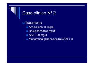 Caso clínico Nº 2
Tratamiento
Amlodipina 10 mg/d
Rosiglitazona 8 mg/d
AAS 100 mg/d
Metformina/glibenclamida 500/5 x 3
 