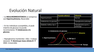 Evolución Natural
o La INSULINORRESISTENCIA se compensa
con hiperinsulinismo. Reversible
o En los individuos susceptibles, el peak
máximo de glucosa no puede
incrementarse  Intolerancia a la
glucosa.
o Hiperglicemia mantenida + AGL + trabajo
excesivo  disminuye masa células B 
DM2. Irreversible
- Calse diabetes profe loco
 