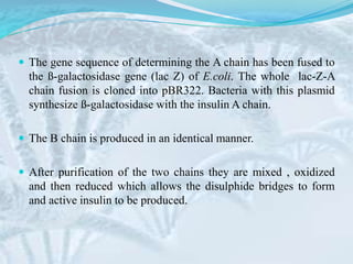  The gene sequence of determining the A chain has been fused to
the ß-galactosidase gene (lac Z) of E.coli. The whole lac-Z-A
chain fusion is cloned into pBR322. Bacteria with this plasmid
synthesize ß-galactosidase with the insulin A chain.
 The B chain is produced in an identical manner.
 After purification of the two chains they are mixed , oxidized
and then reduced which allows the disulphide bridges to form
and active insulin to be produced.
 