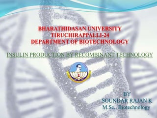 BHARATHIDASAN UNIVERSITY
TIRUCHIRAPPALLI-24
DEPARTMENT OF BIOTECHNOLOGY
INSULIN PRODUCTION BY RECOMBINANT TECHNOLOGY
BY
SOUNDAR RAJAN K
M.Sc., Biotechnology
1
 