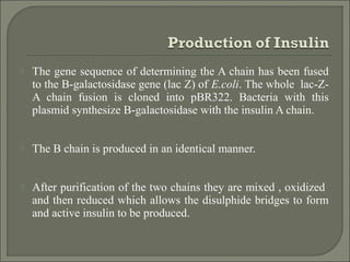  The gene sequence of determining the A chain has been fused
to the B-galactosidase gene (lac Z) of E.coli. The whole lac-Z-
A chain fusion is cloned into pBR322. Bacteria with this
plasmid synthesize B-galactosidase with the insulin A chain.
 The B chain is produced in an identical manner.
 After purification of the two chains they are mixed , oxidized
and then reduced which allows the disulphide bridges to form
and active insulin to be produced.
 