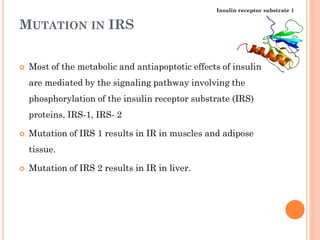 Insulin receptor substrate 1

MUTATION IN IRS


Most of the metabolic and antiapoptotic effects of insulin
are mediated by the signaling pathway involving the
phosphorylation of the insulin receptor substrate (IRS)
proteins, IRS-1, IRS- 2



Mutation of IRS 1 results in IR in muscles and adipose
tissue.



Mutation of IRS 2 results in IR in liver.

 