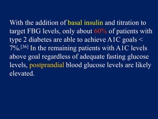With the addition of basal insulin and titration to
target FBG levels, only about 60% of patients with
type 2 diabetes are able to achieve A1C goals <
7%.[36] In the remaining patients with A1C levels
above goal regardless of adequate fasting glucose
levels, postprandial blood glucose levels are likely
elevated.
 