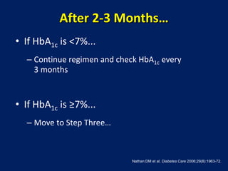 • If HbA1c is <7%...
– Continue regimen and check HbA1c every
3 months
• If HbA1c is ≥7%...
– Move to Step Three…
After 2-3 Months…
Nathan DM et al. Diabetes Care 2006;29(8):1963-72.
 