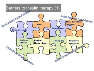 Barriers to Insulin therapy (1)
Hypoglycemia
Requires
specialist
Daily inj
Compliance
Dose titration
difficult
Patient
Runs Away
Serious
illness
Cost
Insulin therapy in type 2 diabetes
Insulin therapy in type 2 diabetes
Insulin therapy in type 2 diabetes
Insulin therapy in type 2 diabetes
 