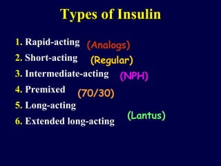 Types of Insulin 1.  Rapid-acting  2.  Short-acting  3.  Intermediate-acting  4.  Premixed 5.  Long-acting  6.  Extended long-acting (Analogs) (Regular) (NPH) (70/30) (Lantus) 