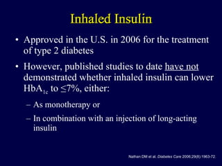 Inhaled Insulin Approved in the U.S. in 2006 for the treatment of type 2 diabetes However, published studies to date  have not  demonstrated whether inhaled insulin can lower HbA 1c  to ≤7%, either: As monotherapy or  In combination with an injection of long-acting insulin Nathan DM et al.  Diabetes Care  2006;29(8):1963-72. Inhaled Insulin 