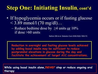 If hypoglycemia occurs or if fasting glucose < 3.89 mmol/l (70 mg/dl)… Reduce bedtime dose by  ≥4 units  or  10%  if dose >60 units   Step One: Initiating Insulin , cont’d Nathan DM et al.  Diabetes Care  2006;29(8):1963-72. While using basal insulin alone, never  stop or reduce ongoing oral therapy Reduction in overnight and fasting glucose levels achieved by adding basal insulin may be sufficient to reduce postprandial elevations in glucose during the day and facilitate the achievement of target A1C concentrations. 