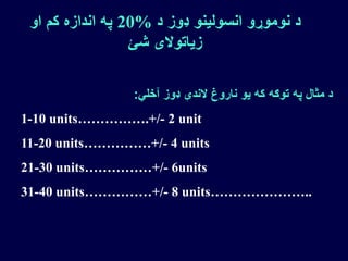 ‫د‬ ‫ډوز‬ ‫انسولینو‬ ‫نوموړو‬ ‫د‬20%‫او‬ ‫کم‬ ‫اندازه‬ ‫په‬
‫شئ‬ ‫زیاتوالی‬
‫آخلي‬ ‫ډوز‬ ‫الندې‬ ‫ناروغ‬ ‫یو‬ ‫که‬ ‫توګه‬ ‫په‬ ‫مثال‬ ‫د‬:
1-10 units…………….+/- 2 unit
11-20 units……………+/- 4 units
21-30 units……………+/- 6units
31-40 units……………+/- 8 units…………………..
 