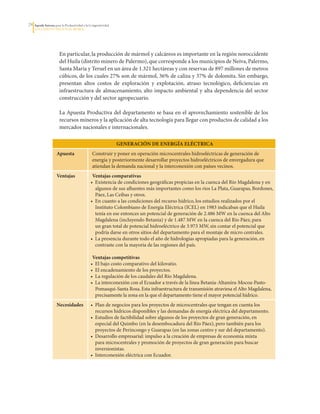 2   Agenda Interna para la Productividad y la Competitividad
     DoCumento Regional huILA




                       En	particular,	la	producción	de	mármol	y	calcáreos	es	importante	en	la	región	noroccidente	
                       del	Huila	(distrito	minero	de	Palermo),	que	corresponde	a	los	municipios	de	Neiva,	Palermo,	
                       Santa	María	y	Teruel	en	un	área	de	1.321	hectáreas	y	con	reservas	de	897	millones	de	metros	
                       cúbicos,	de	los	cuales	27%	son	de	mármol,	36%	de	caliza	y	37%	de	dolomita.	Sin	embargo,	
                       presentan	 altos	 costos	 de	 exploración	 y	 explotación,	 atraso	 tecnológico,	 deficiencias	 en	
                       infraestructura	 de	 almacenamiento,	 alto	 impacto	 ambiental	 y	 alta	 dependencia	 del	 sector	
                       construcción	y	del	sector	agropecuario.	

                       La	Apuesta	Productiva	del	departamento	se	basa	en	el	aprovechamiento	sostenible	de	los	
                       recursos	mineros	y	la	aplicación	de	alta	tecnología	para	llegar	con	productos	de	calidad	a	los	
                       mercados	nacionales	e	internacionales.

                                                                GENErACIóN DE ENErGíA EléCTrICA
                     Apuesta                    Construir	y	poner	en	operación	microcentrales	hidroeléctricas	de	generación	de	
                                                energía	y	posteriormente	desarrollar	proyectos	hidroeléctricos	de	envergadura	que	
                                                atiendan	la	demanda	nacional	y	la	interconexión	con	países	vecinos.
                     Ventajas                   Ventajas comparativas
                                               •		Existencia	de	condiciones	geográficas	propicias	en	la	cuenca	del	Río	Magdalena	y	en	
                                                  algunos	de	sus	afluentes	más	importantes	como	los	ríos	La	Plata,	Guarapas,	Bordones,	
                                                  Páez,	Las	Ceibas	y	otros.	
                                               •		En	cuanto	a	las	condiciones	del	recurso	hídrico,	los	estudios	realizados	por	el	
                                                  Instituto	Colombiano	de	Energía	Eléctrica	(ICEL)	en	1983	indicaban	que	el	Huila	
                                                  tenía	en	ese	entonces	un	potencial	de	generación	de	2.486	MW	en	la	cuenca	del	Alto	
                                                  Magdalena	(incluyendo	Betania)	y	de	1.487	MW	en	la	cuenca	del	Río	Páez,	para	
                                                  un	gran	total	de	potencial	hidroeléctrico	de	3.973	MW,	sin	contar	el	potencial	que	
                                                  podría	darse	en	otros	sitios	del	departamento	para	el	montaje	de	micro	centrales.
                                               •		La	presencia	durante	todo	el	año	de	hidrologías	apropiadas	para	la	generación,	en	
                                                  contraste	con	la	mayoría	de	las	regiones	del	país.

                                                Ventajas competitivas
                                               •		El	bajo	costo	comparativo	del	kilovatio.	
                                               •		El	encadenamiento	de	los	proyectos.	
                                               •		La	regulación	de	los	caudales	del	Río	Magdalena.	
                                               •		La	interconexión	con	el	Ecuador	a	través	de	la	línea	Betania-Altamira-Mocoa-Pasto-
                                                  Pomasqui-Santa	Rosa.	Esta	infraestructura	de	transmisión	atraviesa	el	Alto	Magdalena,	
                                                  precisamente	la	zona	en	la	que	el	departamento	tiene	el	mayor	potencial	hídrico.
                     Necesidades               •		Plan	de	negocios	para	los	proyectos	de	microcentrales	que	tengan	en	cuenta	los	
                                                  recursos	hídricos	disponibles	y	las	demandas	de	energía	eléctrica	del	departamento.	
                                               •		Estudios	de	factibilidad	sobre	algunos	de	los	proyectos	de	gran	generación,	en	
                                                  especial	del	Quimbo	(en	la	desembocadura	del	Río	Páez),	pero	también	para	los	
                                                  proyectos	de	Perincongo	y	Guarapas	(en	las	zonas	centro	y	sur	del	departamento).
                                               •		Desarrollo	empresarial:	impulso	a	la	creación	de	empresas	de	economía	mixta	
                                                  para	microcentrales	y	promoción	de	proyectos	de	gran	generación	para	buscar	
                                                  inversionistas.
                                               •		Interconexión	eléctrica	con	Ecuador.
 