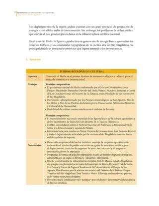 30   Agenda Interna para la Productividad y la Competitividad
     DoCumento Regional huILA




                       Los	 departamentos	 de	 la	 región	 andina	 cuentan	 con	 un	 gran	 potencial	 de	 generación	 de	
                       energía	y	con	sólidas	redes	de	interconexión.	Sin	embargo,	los	problemas	de	orden	público	
                       que	afectan	el	país	generan	graves	daños	en	la	infraestructura	eléctrica	nacional.	

                       En	el	caso	del	Huila,	la	Apuesta	productiva	en	generación	de	energía	busca	aprovechar	los	
                       recursos	 hídricos	 y	 las	 condiciones	 topográficas	 de	 la	 cuenca	 alta	 del	 Río	 Magdalena.	 Su	
                       principal	desafío	es	estructurar	proyectos	que	logren	interesar	a	los	inversionistas.


                  3. servicios



                                                                TurISmo EColóGICo y CulTurAl
                     Apuesta                    Convertir	al	Huila	en	el	primer	destino	de	turismo	ecológico	y	cultural	para	el	
                                                mercado	doméstico	e	internacional.
                     Ventajas                   Ventajas comparativas
                                               •		El	patrimonio	natural	del	Huila	conformado	por	el	Macizo	Colombiano,	cinco	
                                                  Parques	Nacionales	Naturales	(Nevado	del	Huila,	Puracé,	Picachos,	Sumapaz	y	Cueva	
                                                  de	Los	Guacharos)	más	el	Desierto	de	La	Tatacoa,	todo	articulado	de	sur	a	norte	por	
                                                  el	Río	Magdalena.	
                                               •		Patrimonio	cultural	formado	por	los	Parques	Arqueológicos	de	San	Agustín,	Alto	de	
                                                  los	Ídolos	y	Alto	de	las	Piedras,	declarados	por	la	Unesco	como	Patrimonio	Histórico	
                                                  y	Cultural	de	la	Humanidad.	
                                               •		Posibilidad	de	realizar	eventos	náuticos	en	el	embalse	de	Betania.

                                                Ventajas competitivas
                                               •		El	reconocimiento	nacional	y	mundial	de	las	figuras	líticas	de	la	cultura	agustiniana	y	
                                                  de	los	yacimientos	de	fauna	fósil	del	desierto	de	la	Tatacoa	(Yararaca).
                                               •		Eventos	consolidados	como	el	Festival	Nacional	del	Bambuco,	la	feria	ganadera	de	
                                                  Neiva	y	la	feria	artesanal	y	equina	de	Pitalito.	
                                               •		Infraestructura	para	eventos	en	Neiva	(Centro	de	Convenciones	José	Eustasio	Rivera)	
                                                  y	todo	el	departamento	articulado	por	la	vía	troncal	del	Magdalena	con	una	buena	
                                                  red	de	ciudades	de	soporte.
                                               •		Desarrollo	empresarial	del	sector	turístico:	montaje	de	empresas	operadoras	de	
                     Necesidades                  turismo	local,	diseño	de	productos	turísticos	y	plan	de	mercadeo	turístico	para	
                                                  el	departamento,	creación	de	empresas	de	servicios	culturales	y	de	empresas	
                                                  comercializadoras	de	artesanías.
                                               •		Programas	de	formación	para	los	empresarios	locales	de	turismo	en	planes	de	negocio,	
                                                  administración	de	negocios	turísticos	y	desarrollo	empresarial.
                                               •		Diseño	y	construcción	de	infraestructura	turística:	Red	de	Museos	del	Alto	Magdalena,	
                                                  un	spa	que	complemente	los	termales	del	municipio	de	Rivera,	Recinto	Ferial	de	Neiva,	
                                                  Eco	Parque	y	Puente	de	Yaguará,	Senderos	de	la	Cosmovisión	en	el	Parque	de	San	
                                                  Agustín,	Plan	Maestro	para	la	adecuación	turística	del	Desierto	de	la	Tatacoa,	Parque	
                                                  Temático	del	Río	Magdalena,	Tren	Turístico	Neiva-	Villavieja,	embarcaderos	y	puertos,	
                                                  ciclo-rutas	y	rutas	para	cabalgatas.	
                                               •		Proyecto	para	la	señalización	vial	y	turística	y	para	el	diseño	y	la	normatividad	paisajística	
                                                  de	las	vías	turísticas.
 