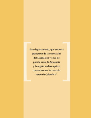 Agenda Interna para la Productividad y la Competitividad
    DoCumento Regional AnTIOquIA




                                                        Este departamento, que encierra
                                                               gran parte de la cuenca alta
                                                                del Magdalena y sirve de
                                                                puente entre la Amazonia
                                                                y la región andina, quiere
                                                               convertirse en “el corazón
                                                                  verde de Colombia”.
 