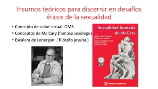 Insumos teóricos para discernir en desafíos 
éticos de la sexualidad 
• Concepto de salud sexual OMS 
• Conceptos de Mc Cary (famoso sexólogo) 
• Escalera de Lonergan ( filósofo jesuita ) 
 