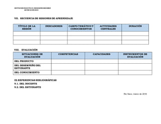 INSTITUCION EDUCATIVA EL INDOAMERICANO80823
SECTOR DERÍOSECO
VII. SECUENCIA DE SESIONES DE APRENDIZAJE
TÍTULO DE LA
SESIÓN
INDICADORES CAMPO TEMÁTICO Y
CONOCIMIENTOS
ACTIVIDADES
CENTRALES
DURACIÓN
VIII. EVALUACIÓN
SITUACIONES DE
EVALUACIÓN
COMPETENCIAS CAPACIDADES INSTRUMENTOS DE
EVALUACIÓN
DEL PRODUCTO
DEL DESEMPEÑO DEL
ESTUDIANTE
DEL CONOCIMIENTO
IX.REFERENCIAS BIBLIOGRÁFICAS
9.1. DEL DOCENTE
9.2. DEL ESTUDIANTE
Río Seco, marzo de 2018
 