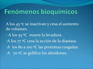 A los 45 ºc se inactivan y cesa el aumento
de volumen.
• A los 55 ºC muere la levadura.
•A los 77 ºC cesa la acción de la diastasa.
•A los 80 a 100 ºC las proteínas coagulan.
•A 70 ºC se gelifica los almidones.
 