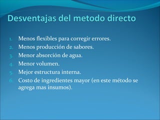 1. Menos flexibles para corregir errores.
2. Menos producción de sabores.
3. Menor absorción de agua.
4. Menor volumen.
5. Mejor estructura interna.
6. Costo de ingredientes mayor (en este método se
agrega mas insumos).
 