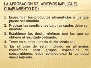 LA APROBACIÓN DE ADITIVOS IMPLICA EL
CUMPLIMIENTO DE :
1. Especificar los productos alimenticios a los que
puede ser añadido.
2. Precisar las condiciones bajo las cuales debe ser
añadido.
3. Establecer las dosis mínimas con las que se
obtiene el resultado obtenido.
4. Tener en cuenta la dosis diaria admisible.
5. En el caso de estar incluido en alimentos
específicos para grupos especiales de
consumidores, debe considerarse la cantidad
diaria ingerida.
-
 