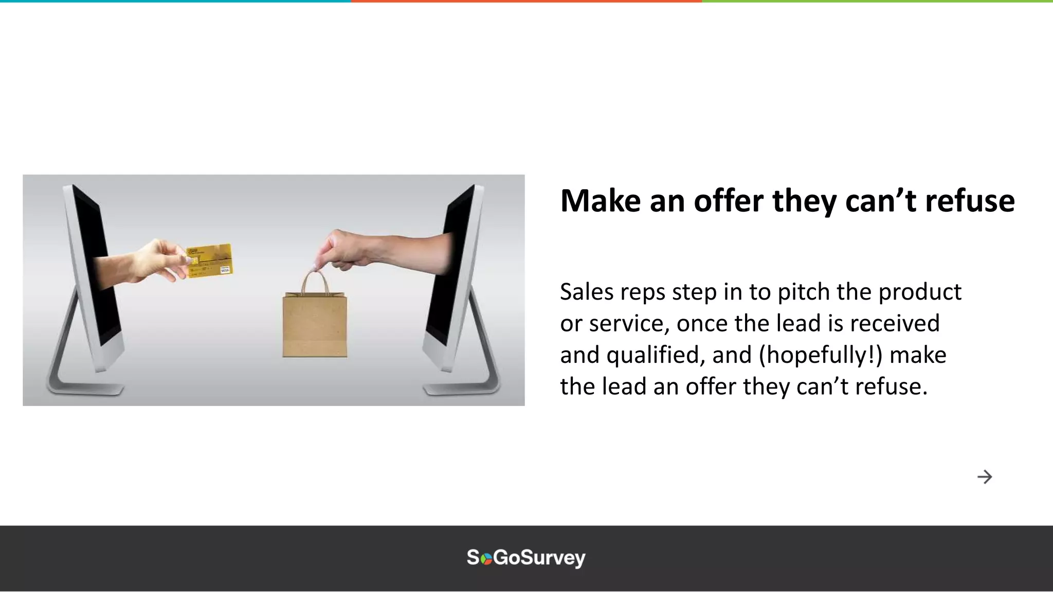 Sales reps step in to pitch the product
or service, once the lead is received
and qualified, and (hopefully!) make
the lead an offer they can’t refuse.
Make an offer they can’t refuse
 