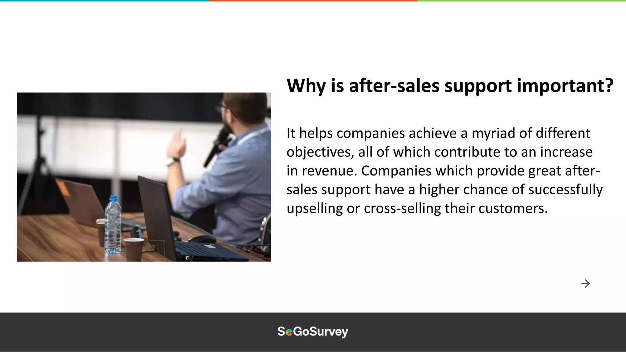 It helps companies achieve a myriad of different
objectives, all of which contribute to an increase
in revenue. Companies which provide great after-
sales support have a higher chance of successfully
upselling or cross-selling their customers.
Why is after-sales support important?
 