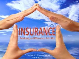 INSURANCE Making a difference for life Presented By : KhusbooSureka Roll # 10115 