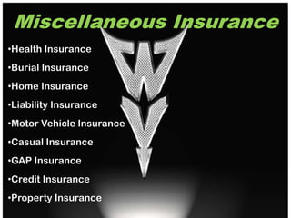 Miscellaneous Insurance
•Health Insurance
•Burial Insurance
•Home Insurance
•Liability Insurance
•Motor Vehicle Insurance
•Casual Insurance
•GAP Insurance
•Credit Insurance
•Property Insurance
 