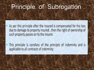 Principle of Subrogation


    After an insurer has paid to the insured
    the monies indemnifying the loss
    suffered, the insurer is then entitled to
    recover from any third party at fault the
    damages for causing the loss which
    otherwise could have been sought by the
    insured.
 