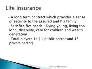 - A long term contract which provides a sense
of security to the assured and his family
- Satisfies five needs : Dying young, living too
long, disability, care for children and wealth
generation
- Total players 14 ( 1 public sector and 13
private sector)
singhneeraj1995@yahoo.com
 